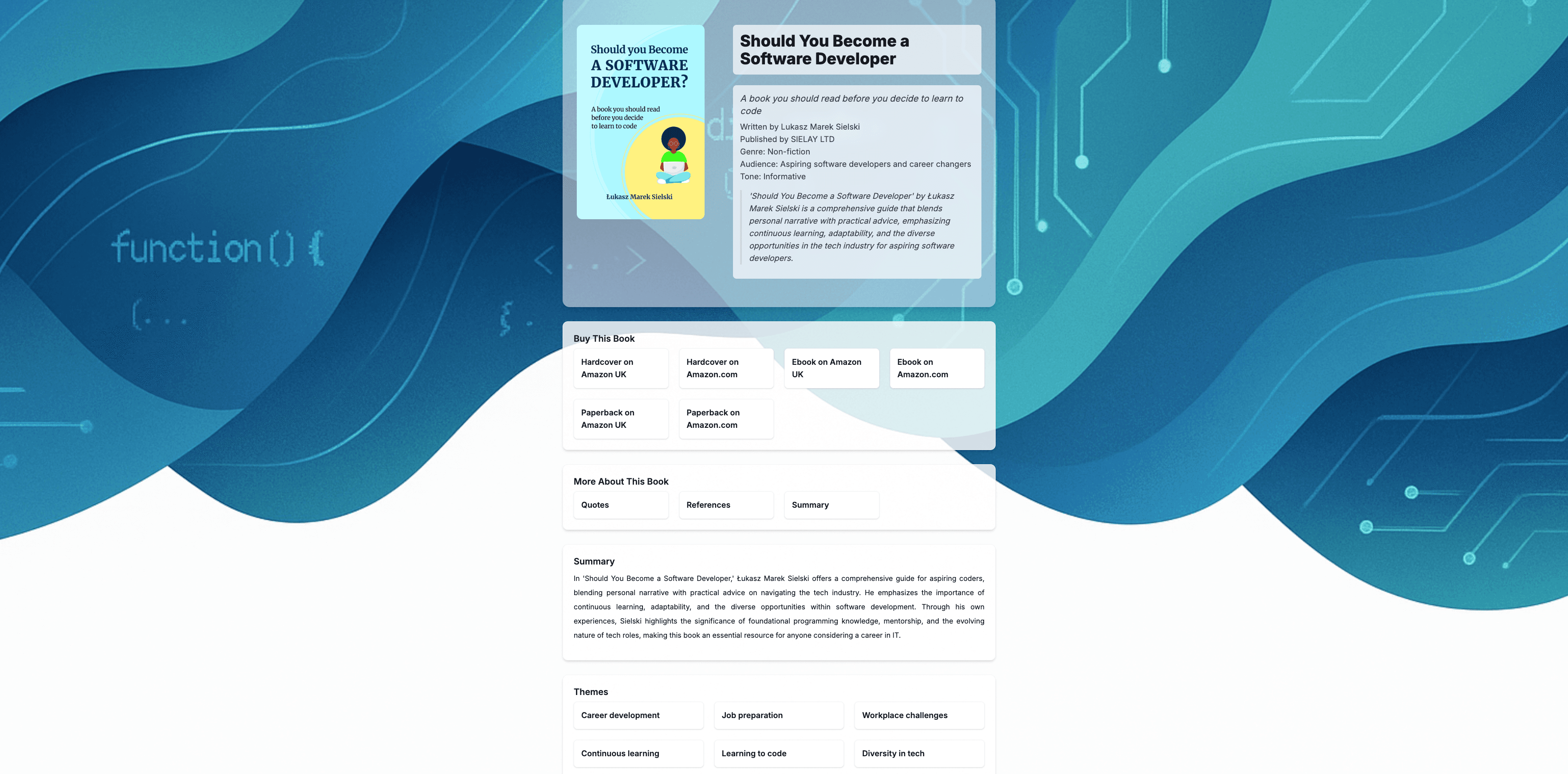 Preview of a Booksellr book page with analysis blocks, quotes, and references.